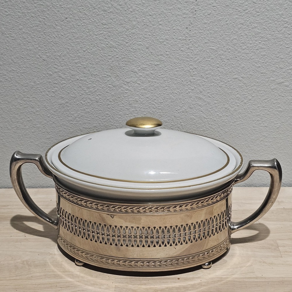 Silver Plate Casserole Server with Hall Pottery Liner and Lid Vintage